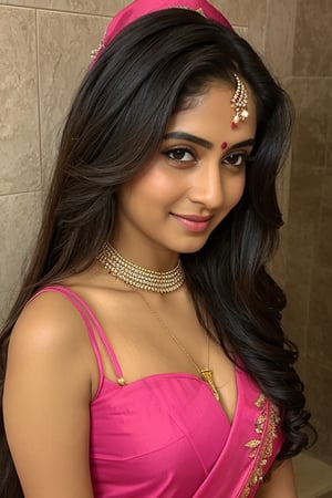 green and pink saree sisters, long hair, detailed face, close shot, deep cleavage, saree, wide navel, clear face, wet in shower, front side view