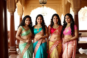 multiple strong Indian female queens in traditional attire in palace, long curly hair,  teenage twin sisters in saree, clear face, long shot, fantasy story,clear face, dance pose