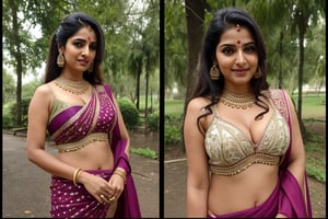 35 year old Indian women in traditional attire in a park bending front, long hair, detailed face, long shot, deep cleavage, saree, wide navel, clear face, rain effect