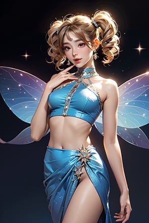 professional photo of Stella, saree Outfit, twintails, long hairs, fairy wings, blue outfit, glittery clothes, sparkling clothing, blonde hair, detailed skin, detailed eyes, finely detailed hair, volumetric light, highrez, masterpiece, best quality, 
