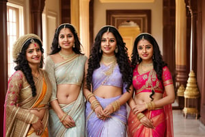 35 year old Indian women in traditional attire in palace, long curly hair,  teenage twin sisters in transparent saree, clear face, long shot, fantasy story,clear face, dance pose