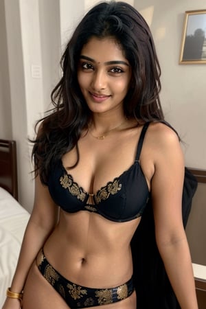 An Indian supermodel, beautiful mature Indian college girl ,smiling cute ,big ass, firm small breasts, showing full body picture, , gold and black bra , jewellery , photorealistic, photo, masterpiece, realistic, realism, photorealism, high contrast, photorealistic , ultra high res, (photorealistic:1.4),, high resolution, detailed