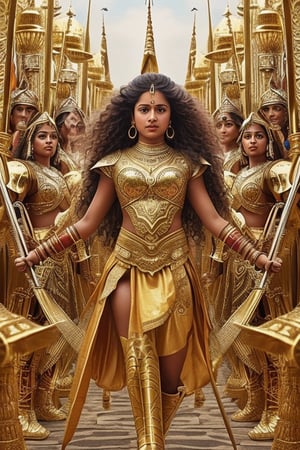 strong Indian female warrior with many teenage sisters, golden armour, long curly hair, swords in both hands, long shot, mahabharatha story,clear face, kalari pose