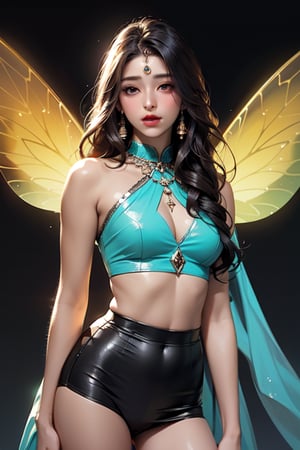 professional photo of indian woman, saree Outfit, long black curly hair, fairy wings, turquoise outfit, glittery clothes,  detailed skin, detailed eyes, finely detailed hair, volumetric light, highrez, masterpiece, best quality, 
