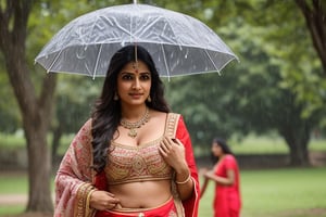 35 year old Indian women in traditional attire in a park, talking to a teenage friend, long hair, detailed face, long shot, deep cleavage, saree, wide navel, clear face, rain effect
