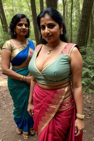 gang of 35 year old indian women,forest, natural breasts, cleavage, wide angle,saree and  sexy blouse