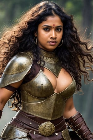 35 year old fierce tamil warrior woman, leather armour, sword swinging, jumping in midair, natural breasts, cleavage, thick waist, long curly brown hair, no jewels, front view, serious look