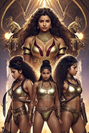 five strong Indian female warriors, sexy armour, long curly hair,  long shot, fantasy story,clear face, kalari pose