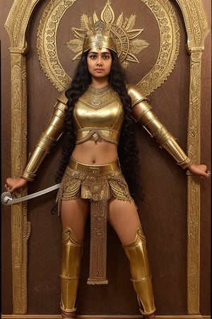 strong Indian female warrior with many teenage sisters, leather armour, long curly hair, swords in both hands, long shot, mahabharatha story,clear face, kalari pose