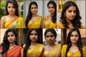 split into 3 frames,frame 1-yellow saree indian woman, frame 2-red saree indian woman, frame 3-group of teenage girls,  long hair, detailed face, long shot, deep cleavage, saree, wide navel, clear face