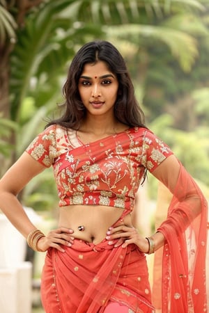 An Indian supermodel with a stunning face and body, wearing a half blouse that reveals her beautiful curves. White skin tone, desi girl , attractive face, beautiful full body