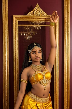 four teenage bharathanatyam dancers, long hair, detailed face, full shot, deep cleavage, wide navel, clear face,  front side view