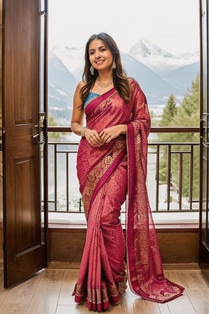 first night of indian couple. A sultry Indian wife in a traditional sari, adorned with gold jewelry. She stands before a floor-to-ceiling window, overlooking the breathtaking snowcapped mountains of the Swiss Alps on their honeymoon.  a king-sized bed is neatly made with crisp linens, inviting them to retire for the night. The air is perfumed with the scent of roses and jasmine, adding to the sensual atmosphere.