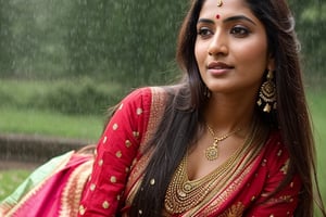 35 year old Indian women in traditional attire in a park, long hair, detailed face, long shot, deep cleavage, wide navel, clear face, rain effect