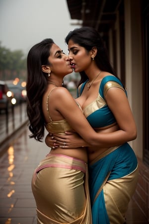 photograph of a curvy woman in a blue and gold sari, , sexy indian woman with friends,  lesbian friend kissing indian woman from behind,  boyfriend groping indian woman,  sexy indian woman in rain,  deep cleavage,  navel exposed,