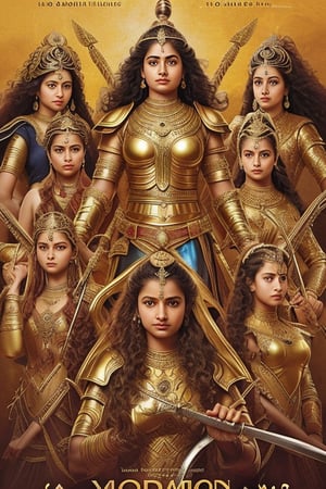 strong Indian female warrior with many teenage sisters,full body golden armour, long curly hair, swords in both hands, long shot, mahabharatha story,clear face, kalari pose