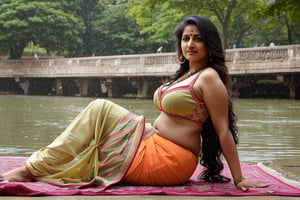 35 year old Indian women in traditional attire in a park bending front, long hair, detailed face, long shot, deep cleavage, saree, wide navel, clear face, heavy rain