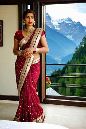 first night of indian couple. A sultry Indian wife in a traditional sari, adorned with gold jewelry. She stands before a floor-to-ceiling window, overlooking the breathtaking snowcapped mountains of the Swiss Alps on their honeymoon.  a king-sized bed is neatly made with crisp linens, inviting them to retire for the night. The air is perfumed with the scent of roses and jasmine, adding to the sensual atmosphere.