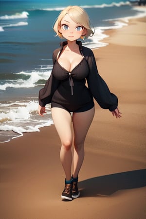 beautiful young girl, big breasts, nice figure, light-eyed blonde, walking on the beach, cute, pixar style, 3d style