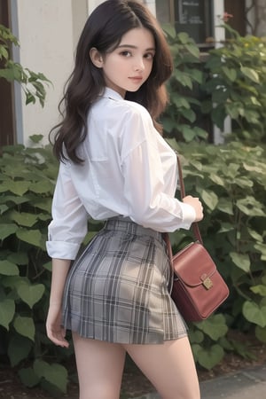 18 year old indian girl model, brown eyes, full lips, thin face, curly hair, full body, holding bookbag, short wearing plaid skirt and white shirt with tie, high school, looking back at viewer

