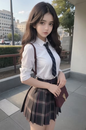 18 year old indian girl model, brown eyes, full lips, thin face, curly hair, full body, holding bookbag, short wearing plaid skirt and white shirt with tie, high school, looking back at viewer

