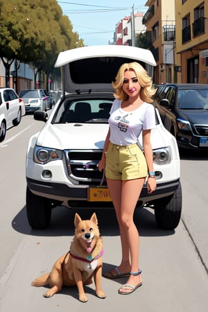 chica posando a lado de un auto con un perro grande