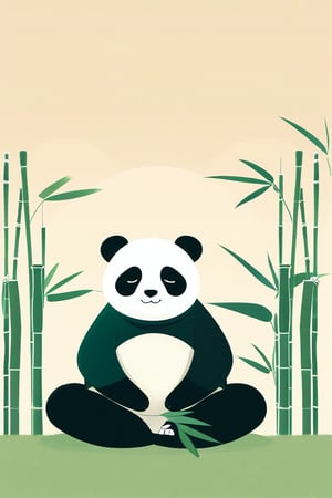 A calm and relaxed panda sitting in a yoga pose on a grassy field, eyes closed, surrounded by bamboo stalks. The panda holds a bamboo leaf, adding a small touch of detail to its peaceful appearance. The background features a soft gradient with simple green and beige hues, creating a serene atmosphere. The composition is centered, with soft lighting enhancing the tranquility of the scene.