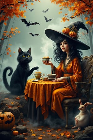 Illustrate a witch having tea with Halloween creatures (like a black cat, a bat, and a small friendly monster) on a misty hillside. Capture Ghibli's whimsical charm with detailed patterns on the tea set, flowing robes, and a serene autumn background.