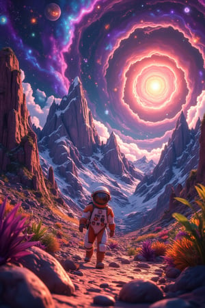 A lone astronaut exploring the surface of an alien planet, towering mountains in the distance under a swirling, colorful nebula-lit sky.