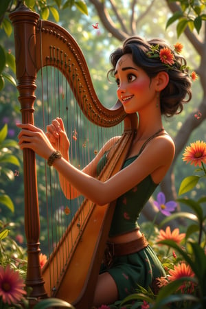 A forest nymph playing a harp, with music notes visibly floating in the air around her.