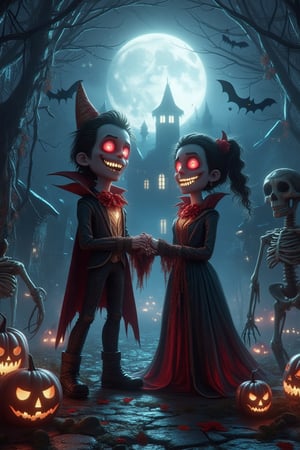 A vampire couple with glowing red eyes and dazzling fangs exchange vows under a full moon, with bats and skeletons as their guests. cartoon art, DarkHalloween