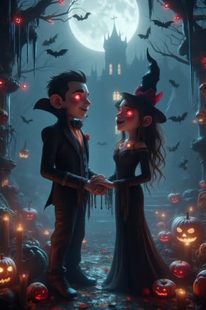 A vampire couple with glowing red eyes and dazzling fangs exchange vows under a full moon, with bats and skeletons as their guests. cartoon art, DarkHalloween