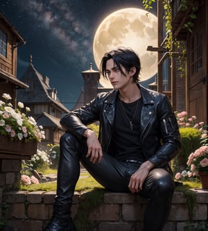 (masterpiece, best quality: 1.4), guy with black hair, 40 years old, Tousled Wolf-Cut hair style back hair tie, muscle man, bow down face sitting leaning against the moss brick wall, looking far away, sad face, surrounded by flowers, fantasy art, black leather jacket, black shirt, leather pant, male metal rocker picture, eren yeager, in hand rose flower, detailed anime character art, dark, night_sky, midnight, broken heart vibe,