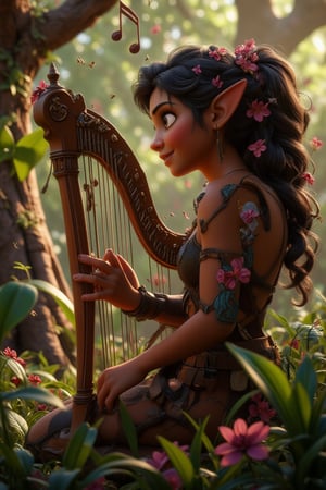 A forest nymph playing a harp, with music notes visibly floating in the air around her.,cartoon art, F-GVA Armour Suit