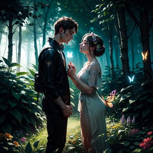 couple standing on flower garden in jungle, glowing particle, glowing butterfly, Detailedface, holdinghand, happymood,