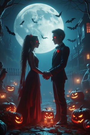 A vampire couple with glowing red eyes and dazzling fangs exchange vows under a full moon, with bats and skeletons as their guests. cartoon art, DarkHalloween