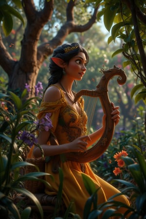 A forest nymph playing a harp, with music notes visibly floating in the air around her.