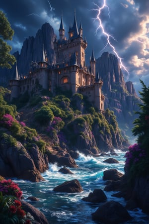 An ancient castle perched on a rocky cliff, overlooking a stormy ocean, with crashing waves and lightning illuminating the scene in a dark, atmospheric setting.