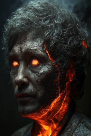 Surreal close-up by Javier Milei in which the skin appears to crack like ceramic, revealing molten lava beneath. The cracks glow a deep orange and the person's eyes have a fiery, intense glow. The hair is a smoky grey, with flickering embers at the tips. The lighting is dramatic, casting harsh shadows that enhance the molten effect. The atmosphere is intense and otherworldly, with a burning, apocalyptic feel.