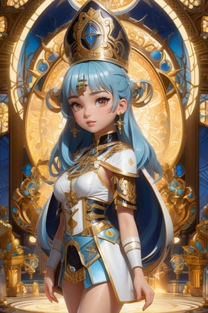 masterpiece, best quality, super detailed face and eyes and clothes, single girl, (papal mantum), symbol shaped golden eyes, shiny golden holy cross on background, (art nouveau:1.1), sidblue theme, masterpiece, magical girl, (impossible clothes:1.5), microskirt, gradient background, silver blue hair, , blunt bangs, sidelocks, pink eyes, medium breasts, breasts, thigh gap, hair ornament, arched back, black_witch_hat, intricate_embellishments, Mystical_fountains, glowing_crystalse lighting, alphonse muchales, 