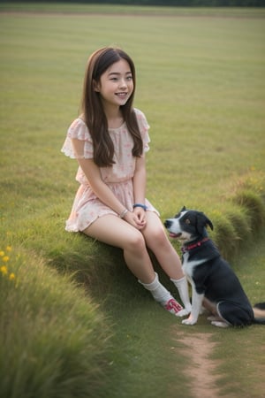 A cute adorable girl with a dog sitting on a grass field,