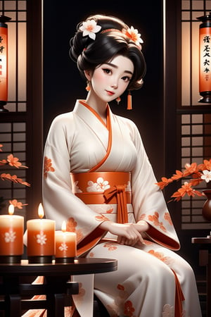 a woman wearing kimono is sitting near two candles, in the style of ethereal portraits, chinapunk, enchanting lighting, dark orange and white, made of flowers, 32k uhd, he jiaying