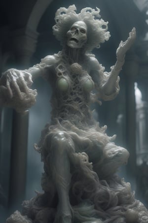 highly detailed marble and jade sculpture of a female necromancer, volumetric fog, Hyperrealism, breathtaking, ultra realistic, unreal engine, ultra detailed, cyber background, Hyperrealism, cinematic lighting, highly detailed, breathtaking , photography, stunning environment, wide-angle, [cgi, 3d, doll, octane, render, bad anatomy, blurry, fuzzy, extra arms, extra fingers, poorly drawn hands, disfigured, tiling, deformed, mutated]