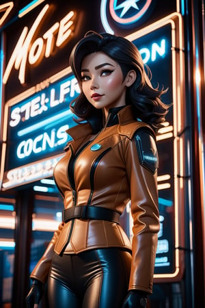 a woman standing in front of a neon sign, in the style of hyper-realistic sci-fi, steelpunk, candid shots of famous figures, mote kei, leather/hide, dc comics, sony alpha a1, anime style,