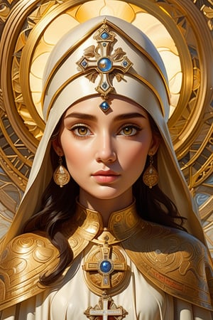 masterpiece, best quality, super detailed face and eyes and clothes, single girl, (papal mantum), symbol shaped golden eyes, shiny golden holy cross on background, (art nouveau:1.1), side lighting, alphonse muchales, 