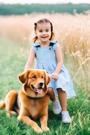 A cute adorable girl with a dog sitting on a grass field,