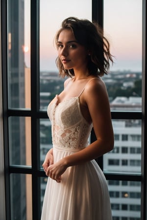 (masterpiece, RAW photo), portrait photo of a trendy beautiful girl standing next to a high rise window, short wavy hair, beautiful white evening dress, lace, intricate, , 50mm, f/1. 4, high detail, sharp focus, cowboy shot, rim light, sunset, 8K UHD