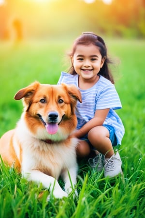 A cute adorable girl with a dog sitting on a grass field,