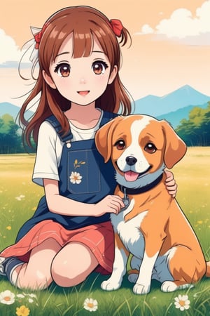 A cute adorable girl with a dog sitting on a grass field,, anime style,