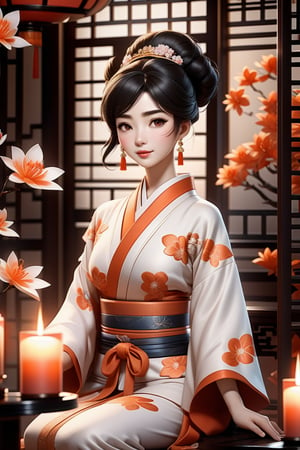 a woman wearing kimono is sitting near two candles, in the style of ethereal portraits, chinapunk, enchanting lighting, dark orange and white, made of flowers, 32k uhd, he jiaying